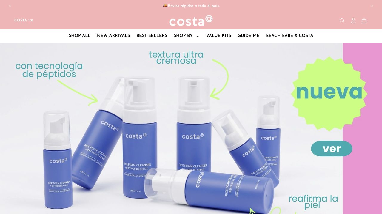 Tienda real de Costa Skincare: navegación por colecciones y presentación de productos