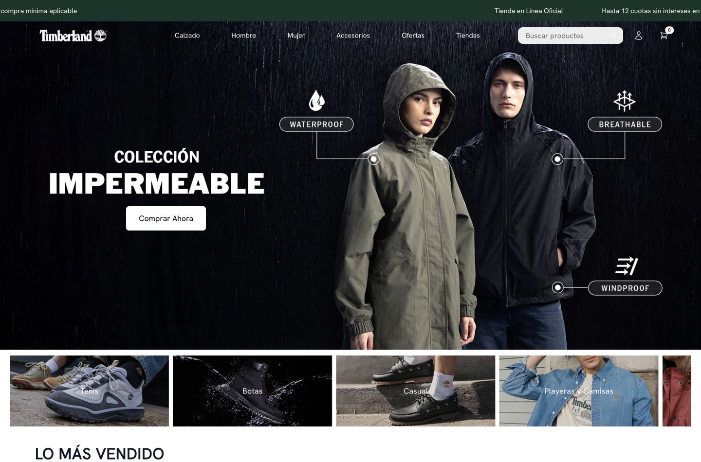 Homepage de Timberland Costa Rica en computadora
