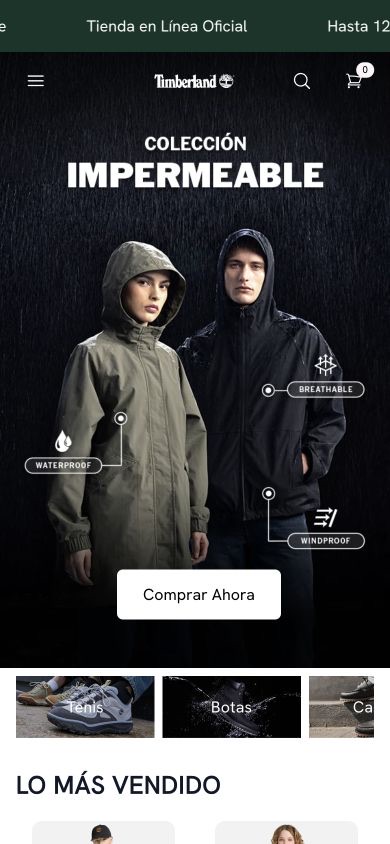 Homepage de Timberland Costa Rica en celular