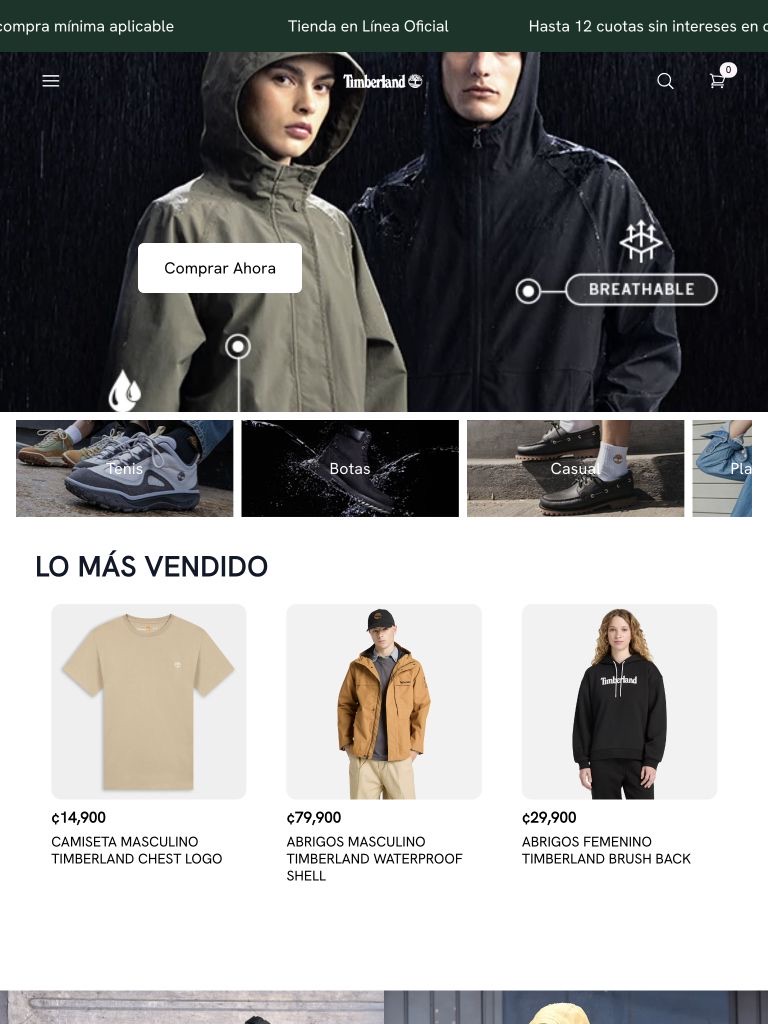 Homepage de Timberland Costa Rica en tablet