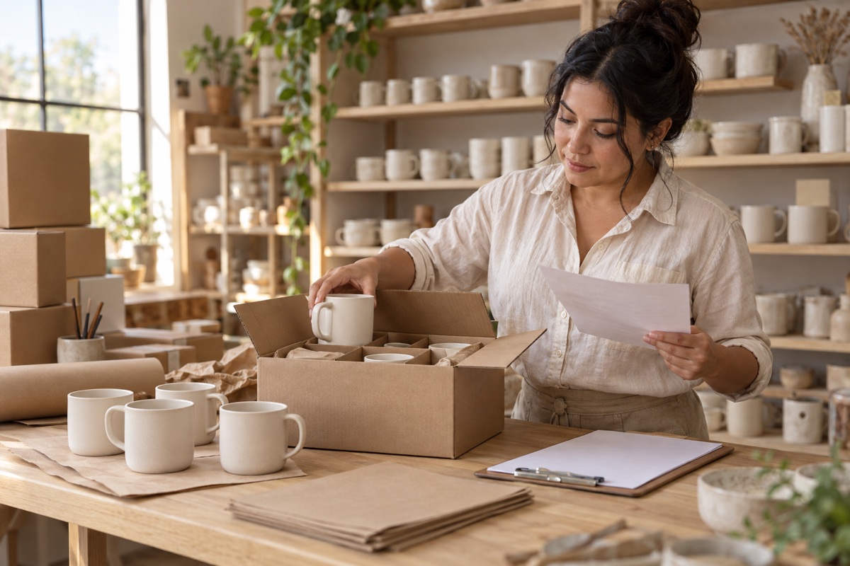 Una comerciante prepara un pedido de tazas en su taller