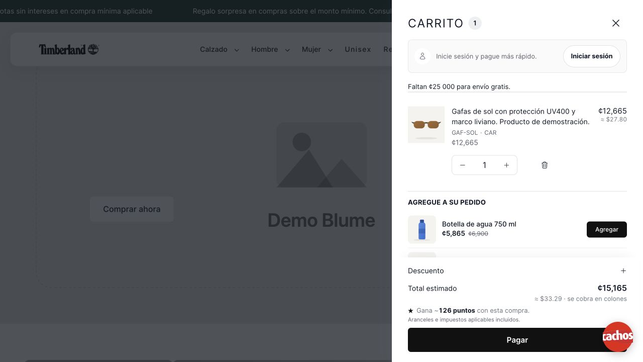 Carrito real de Demo Blume con una promoción aplicada a los productos